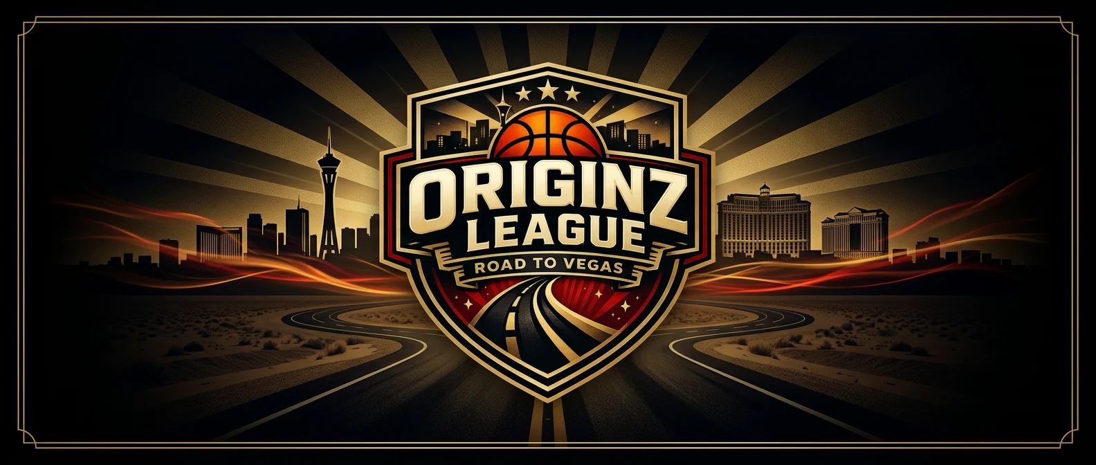 Originz League crest banner: gold shield with a basketball over a city skyline, a highway marked Road to Vegas, and the wordmark Originz League.